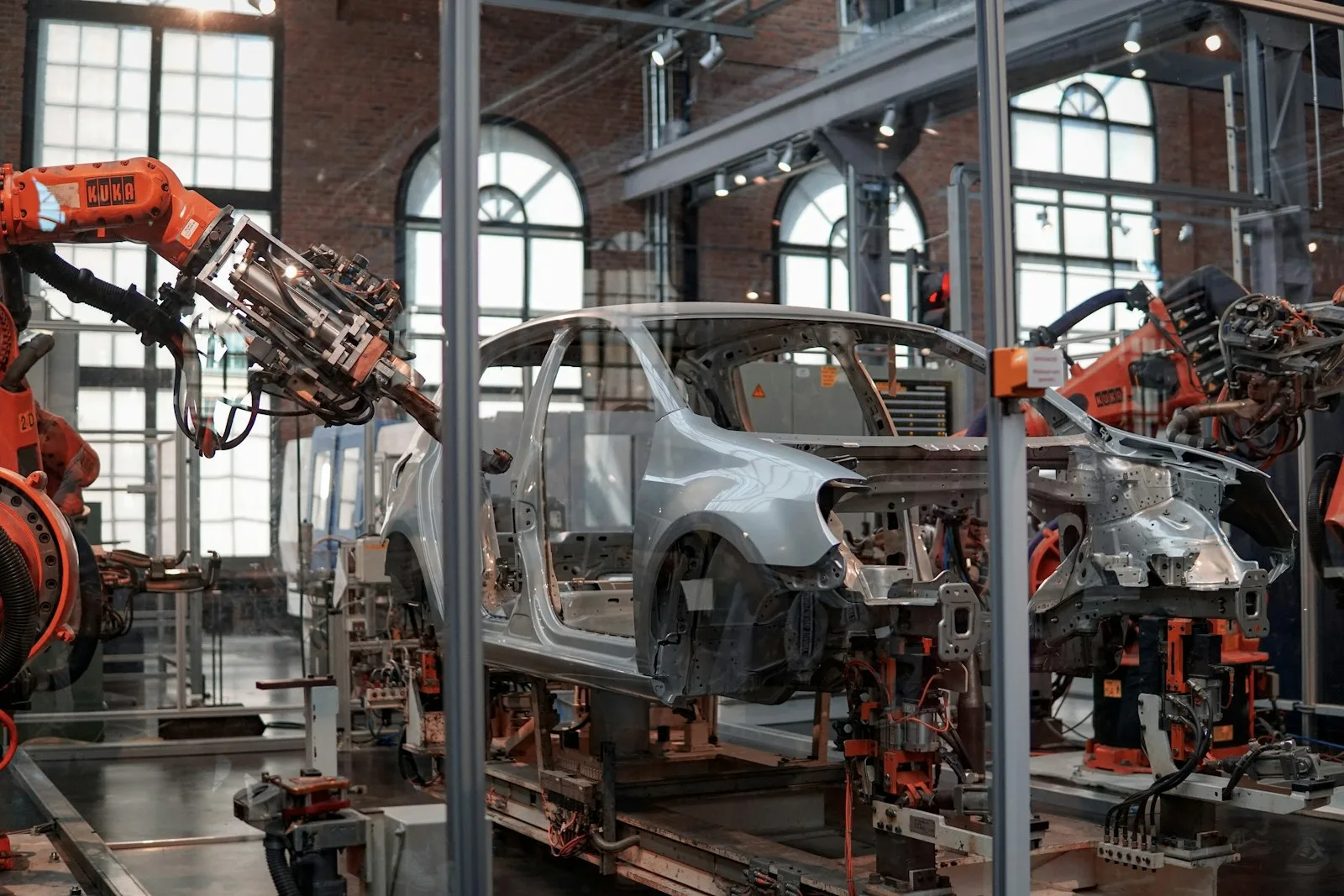 Robotic assembly line inside a factory building