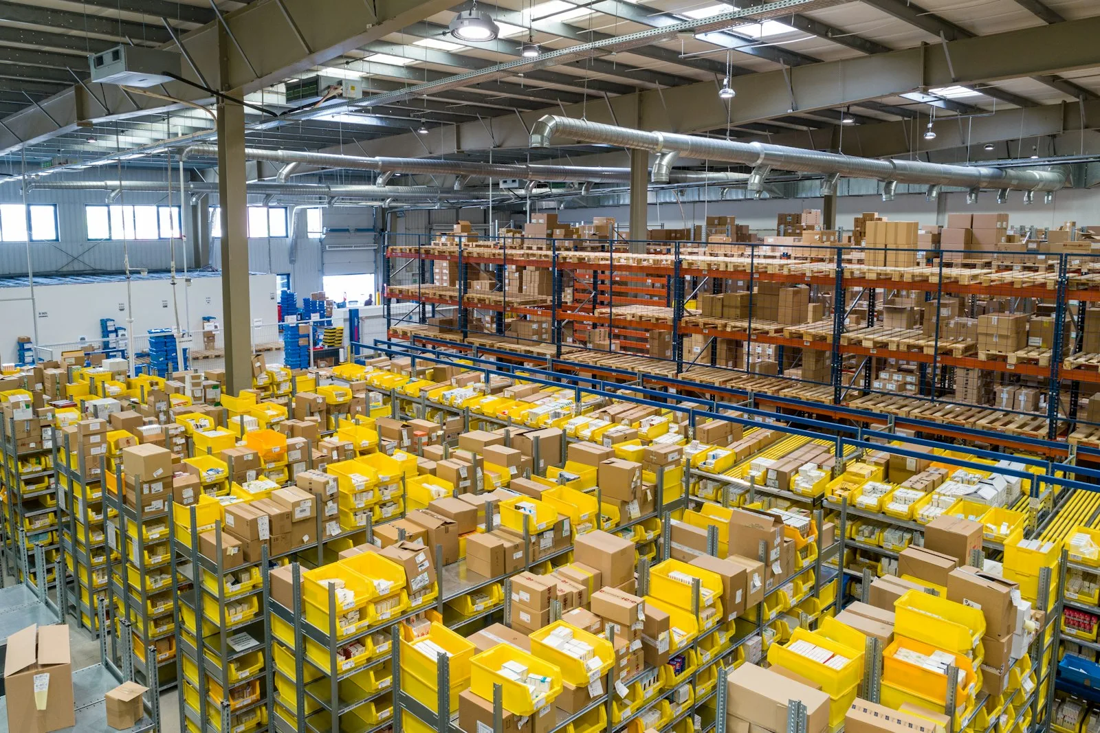 Racked storage inside a logistics warehouse