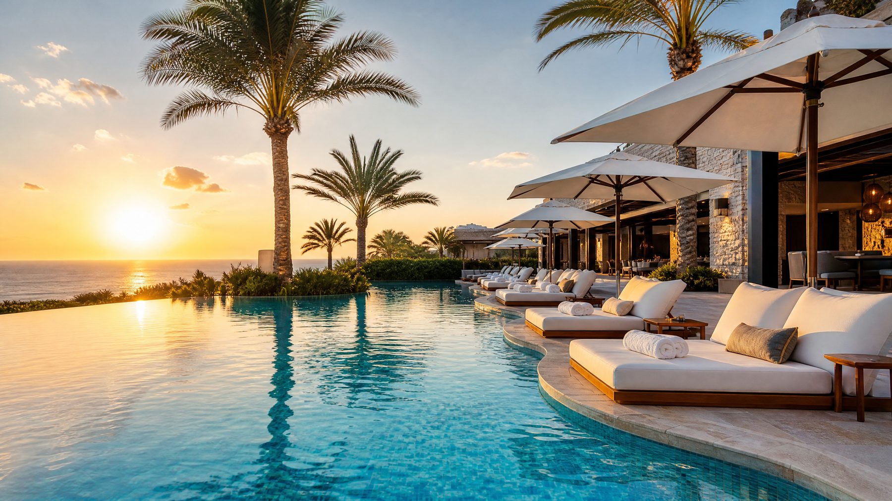 Luxury infinity pool at sunset built by Abu Ali Group Dubai