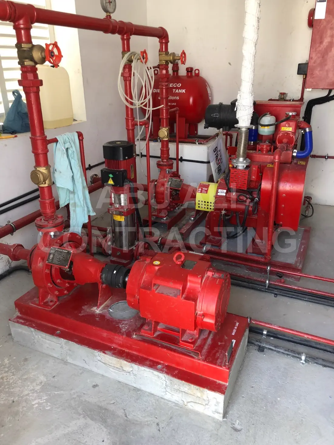 Fire pump room with diesel and electric fire pumps installed to Dubai Civil Defence requirements